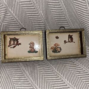 MCM Shadowbox Set With Owls, Mushrooms, Puppies Small Wooden Frames W/ Popups A3